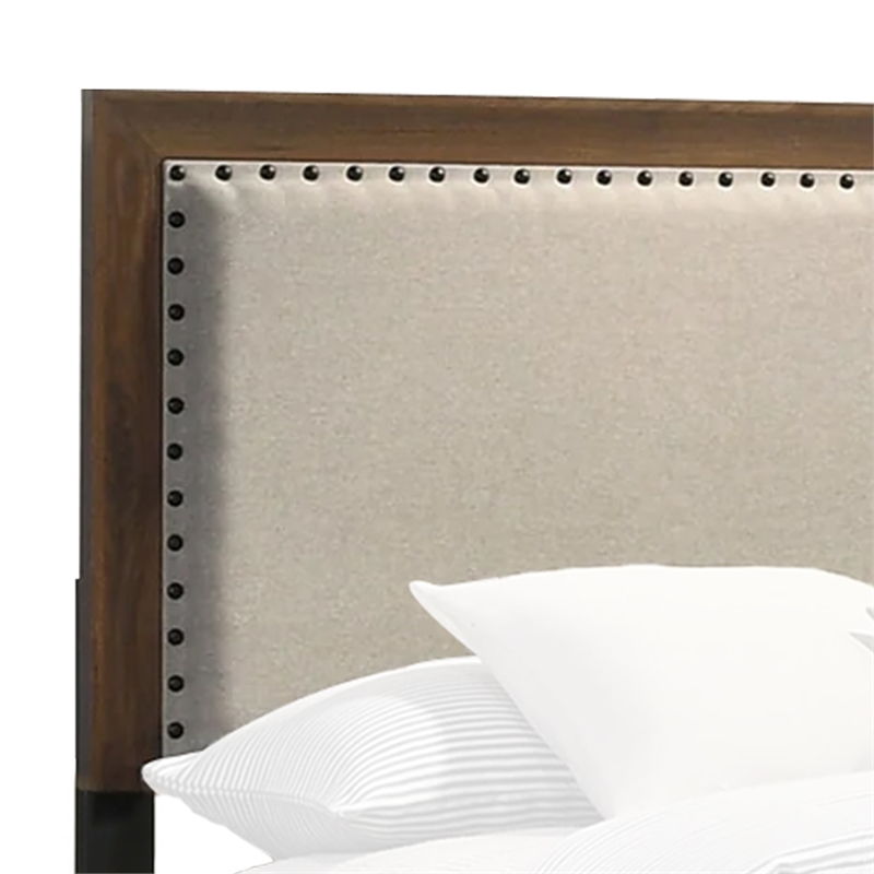 Pemberly Row Full Bed with Nailhead Upholstered Headboard in Cherry Brown