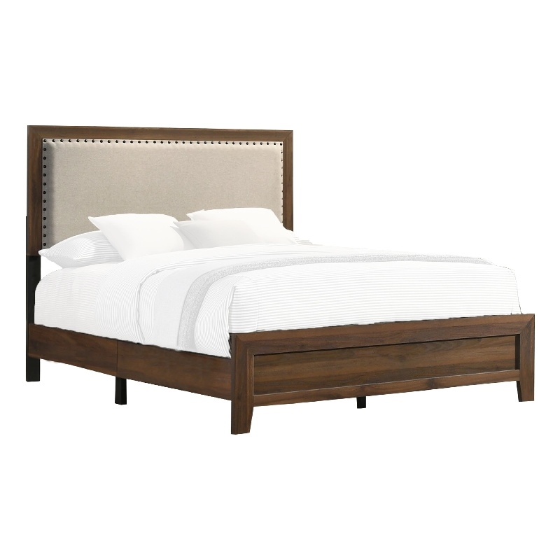 Pemberly Row Full Bed with Nailhead Upholstered Headboard in Cherry Brown
