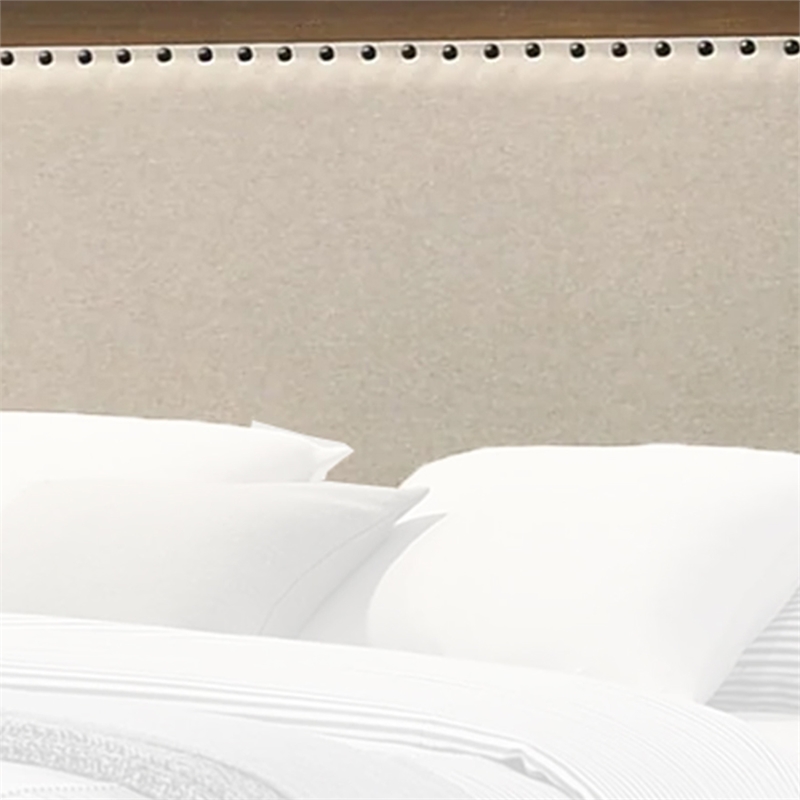 Pemberly Row King Bed with Nailhead Upholstered Headboard in Cherry Brown