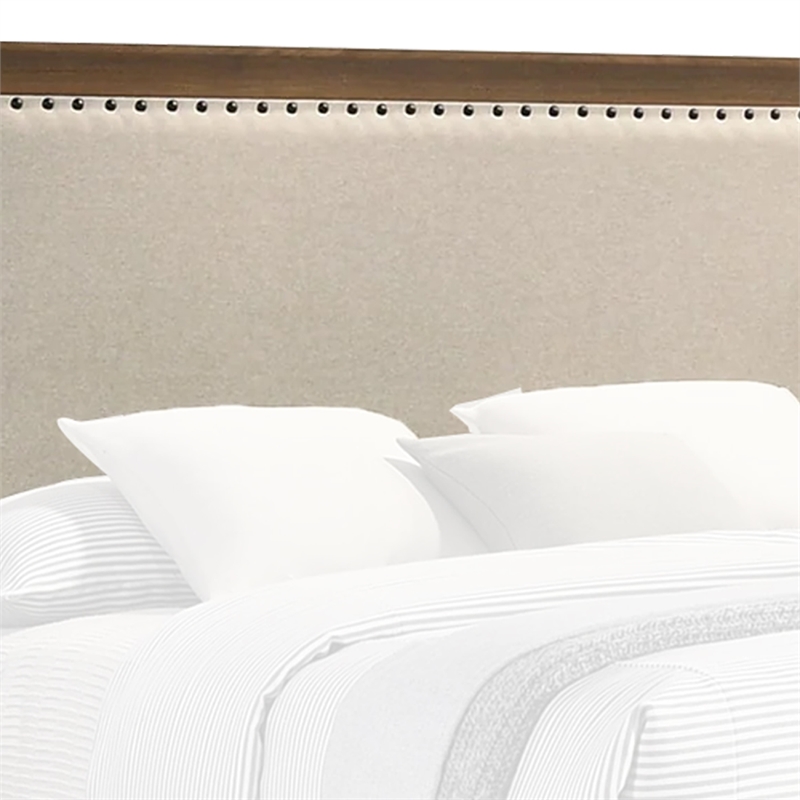 Pemberly Row Queen Bed with Nailhead Upholstered Headboard in Cherry Brown