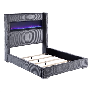 Pemberly Row California King Wingback Bed with LED Flame Box in Gray
