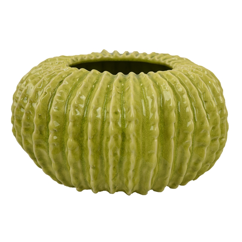 Pemberly Row Melon Shape Decorative Planter in Ribbed Green Ceramic