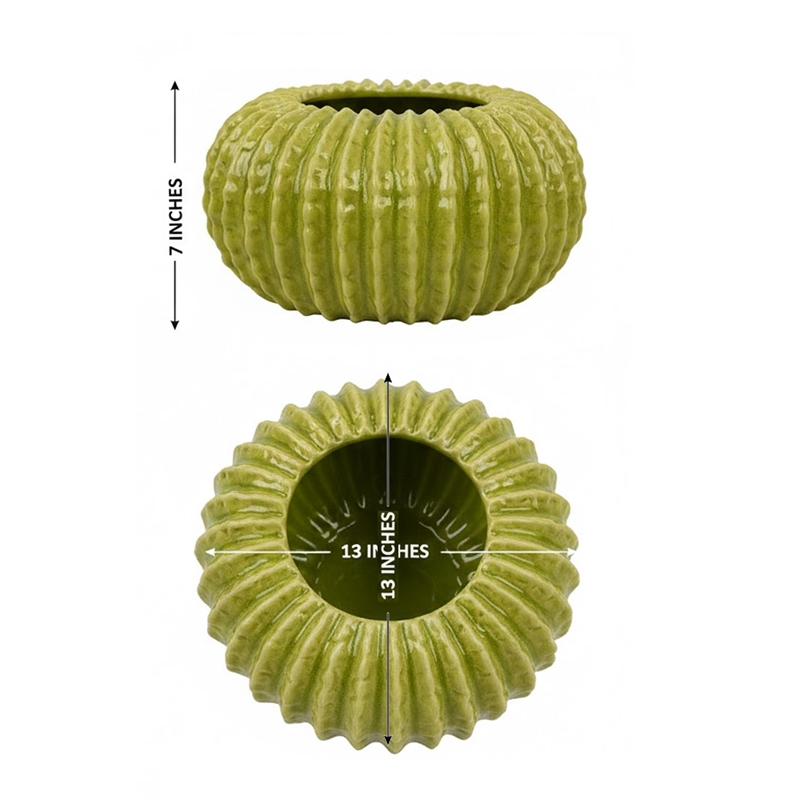 Pemberly Row Melon Shape Decorative Planter in Ribbed Green Ceramic