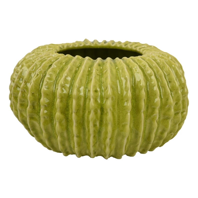 Pemberly Row Melon Shape Decorative Planter in Ribbed Green Ceramic