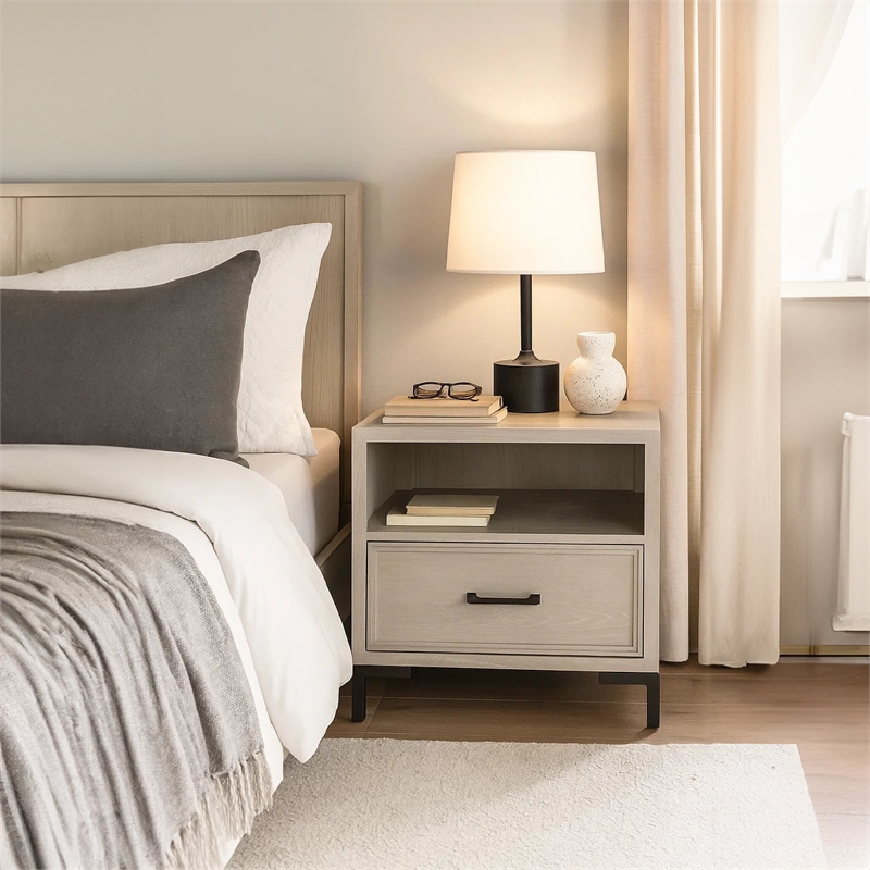 Pemberly Row Nightstand with Drawer and Cubby in Antique White Oak