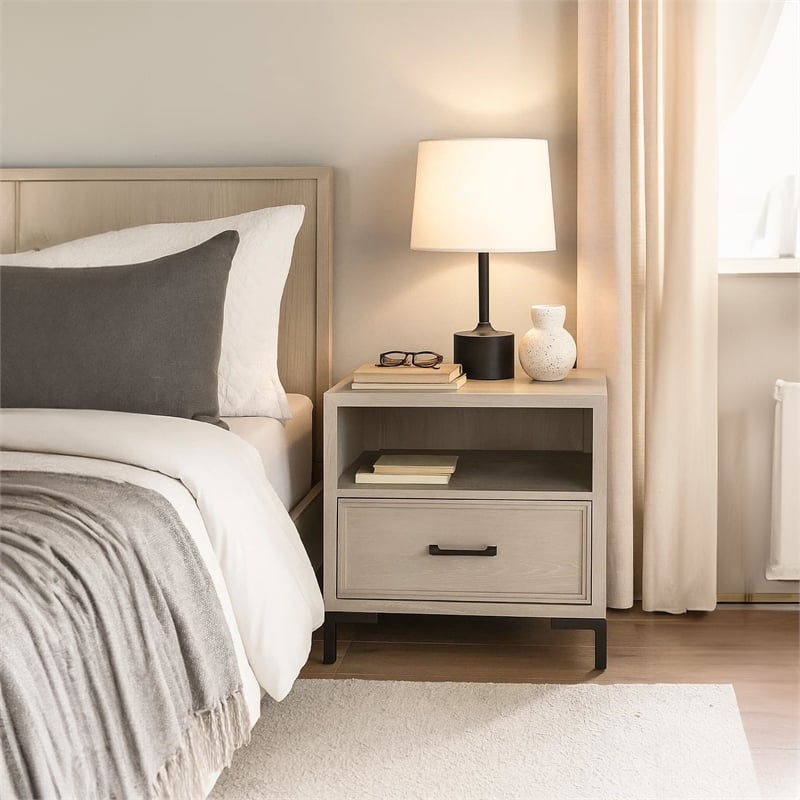 Pemberly Row Nightstand with Drawer and Cubby in Antique White Oak
