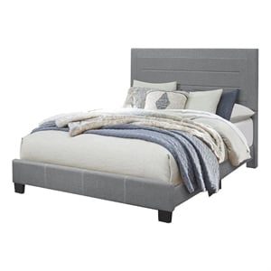 Pemberly Row Queen Platform Bed with Fabric Panel Headboard in Gray