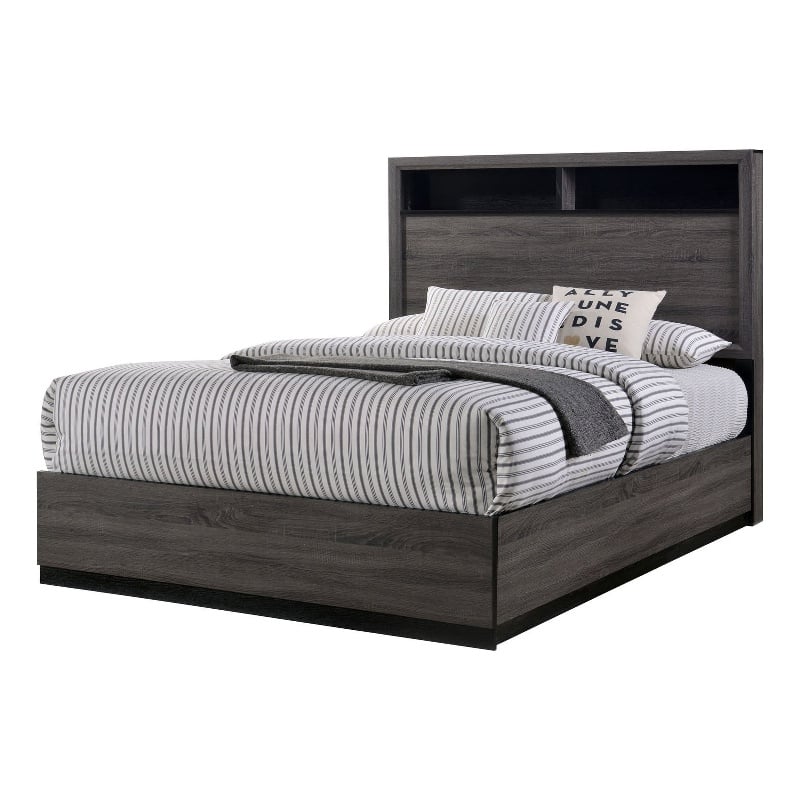 Pemberly Row Wooden California King Bed with Bookcase Headboard in Gray