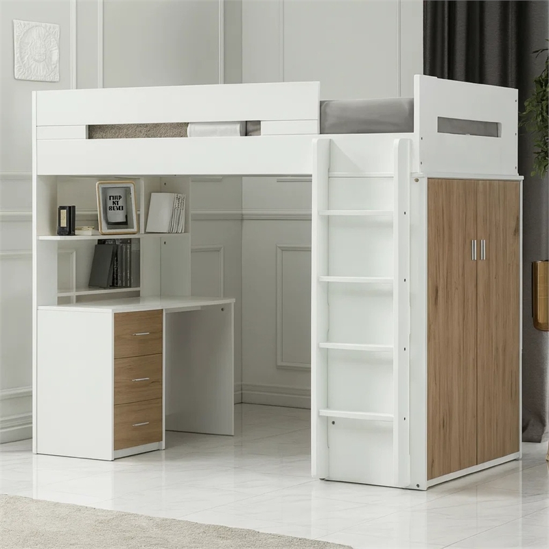 Pemberly Row Twin Loft Bunk Bed with Workstation in White and Brown