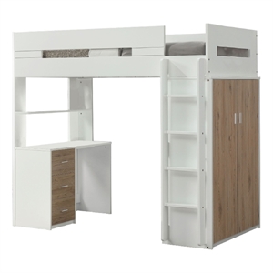 Pemberly Row Twin Loft Bunk Bed with Workstation in White and Brown