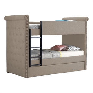 Pemberly Row Chesterfield Twin Bunk Bed with Trundle in Beige and Black
