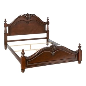 Pemberly Row Traditional Eastern King Bed with Floral Carvings in Brown
