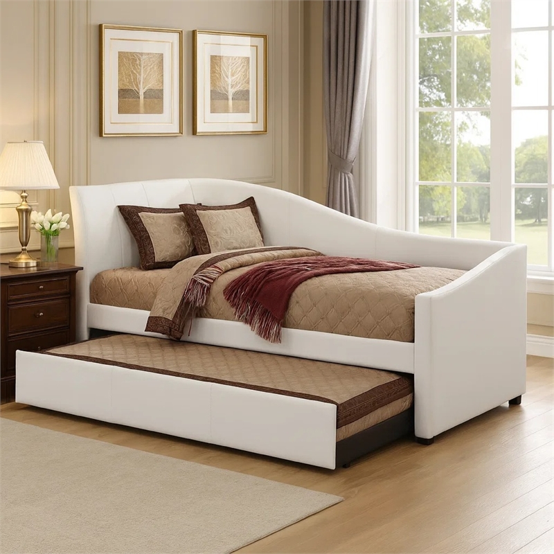 Pemberly Row Leatherette Twin Daybed with Trundle and Sloped Back in White