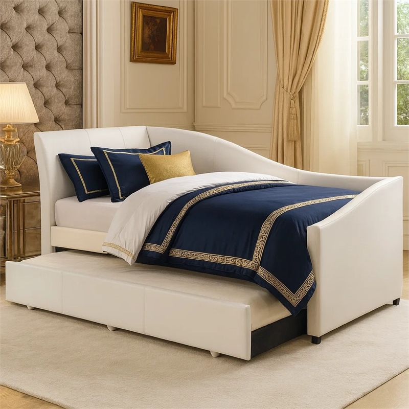 Pemberly Row Leatherette Twin Daybed with Trundle and Sloped Back in White