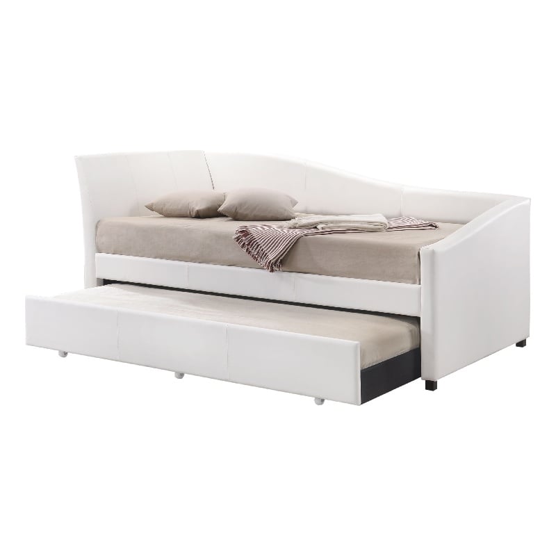 Pemberly Row Leatherette Twin Daybed with Trundle and Sloped Back in White