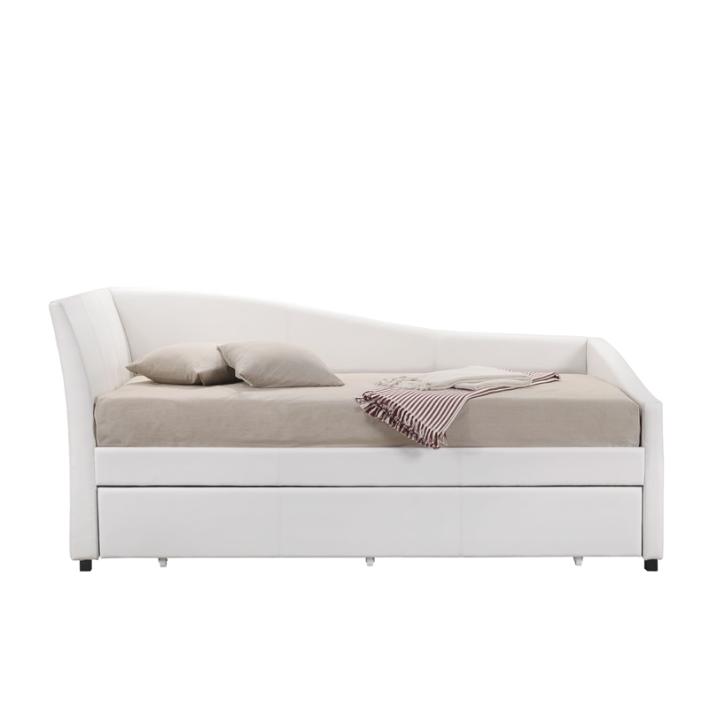 Pemberly Row Leatherette Twin Daybed with Trundle and Sloped Back in White