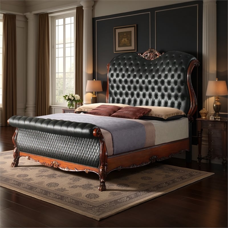 Pemberly Row Sleigh Rolled Leatherette Queen Bed with Claw Legs in Black