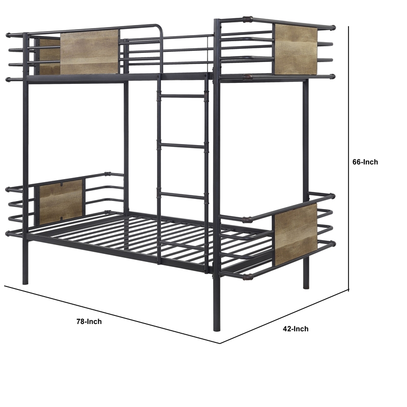 Pemberly Row Metal Twin Over Twin Bunk Bed with Attached Ladder in Black