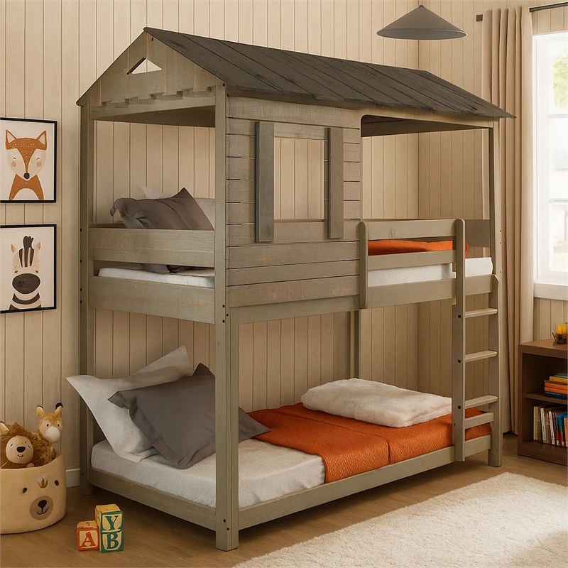 Pemberly Row Twin Size Wooden Bunk Bed with House Design in Brown