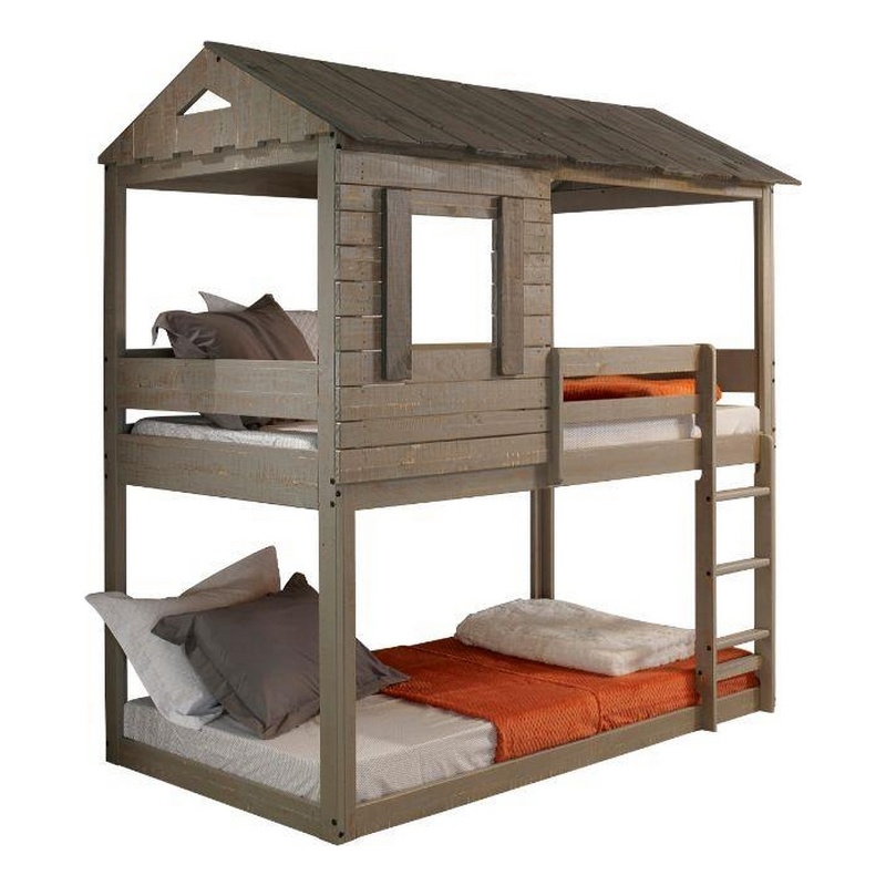 Pemberly Row Twin Size Wooden Bunk Bed with House Design in Brown