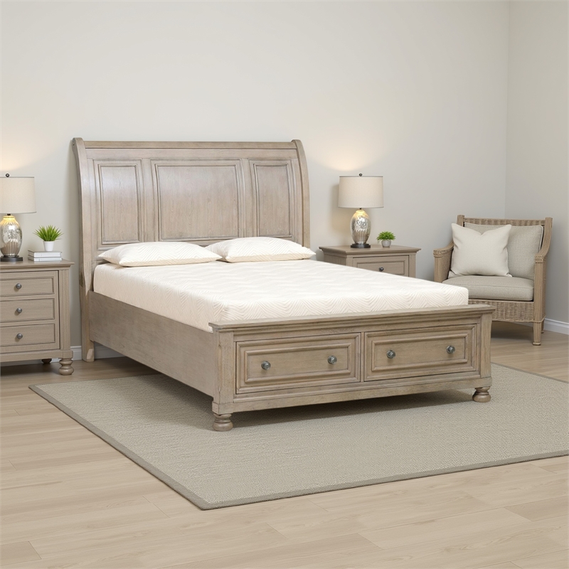 Pemberly Row Queen Sleigh Bed with 2 Drawer Footboard in Wire Brushed Gray
