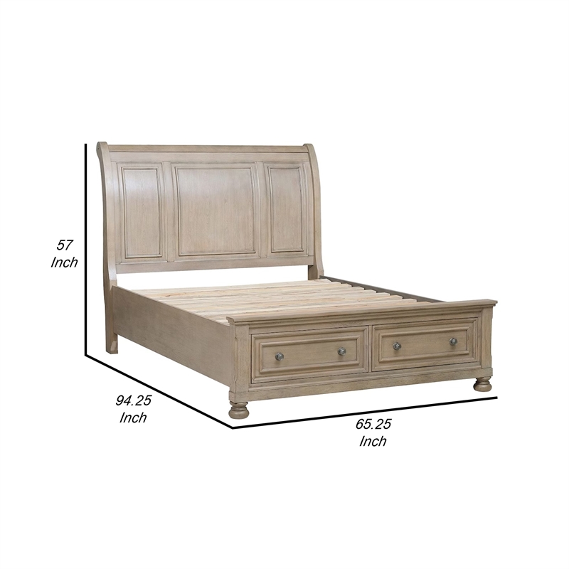Pemberly Row Queen Sleigh Bed with 2 Drawer Footboard in Wire Brushed Gray
