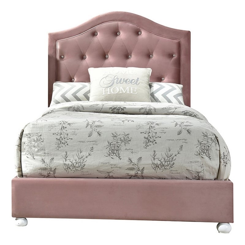 Pemberly Row Twin Bed with Button Tufted Arched Headboard in Pink