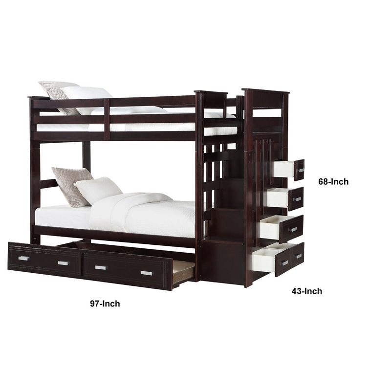 Pemberly Row Twin Bunk Bed with Trundle and 5 Drawer Ladder in Brown