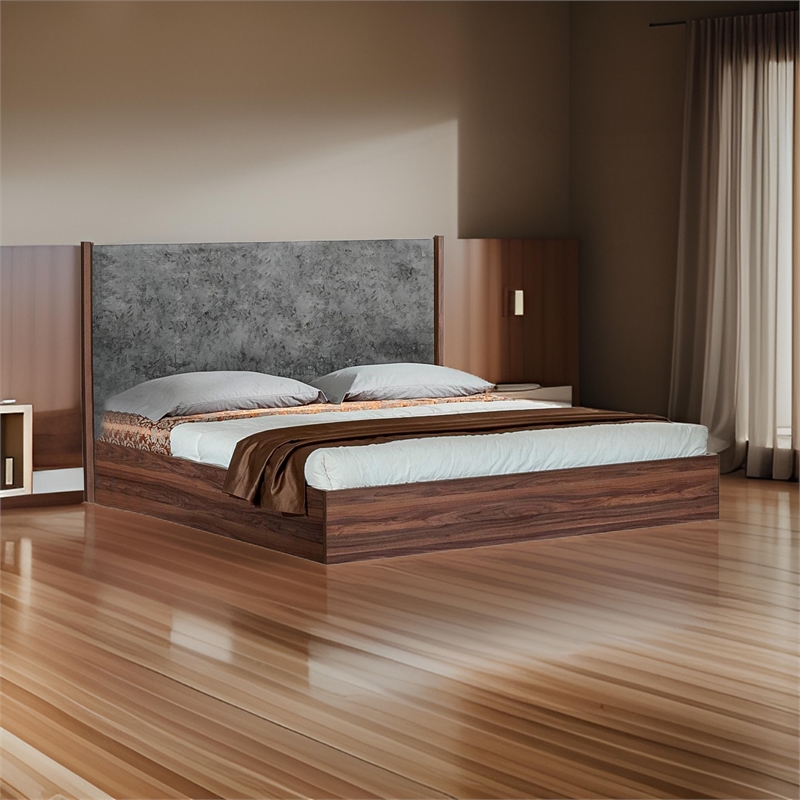 Pemberly Row King Platform Bed with Panel Headboard in Gray and Brown