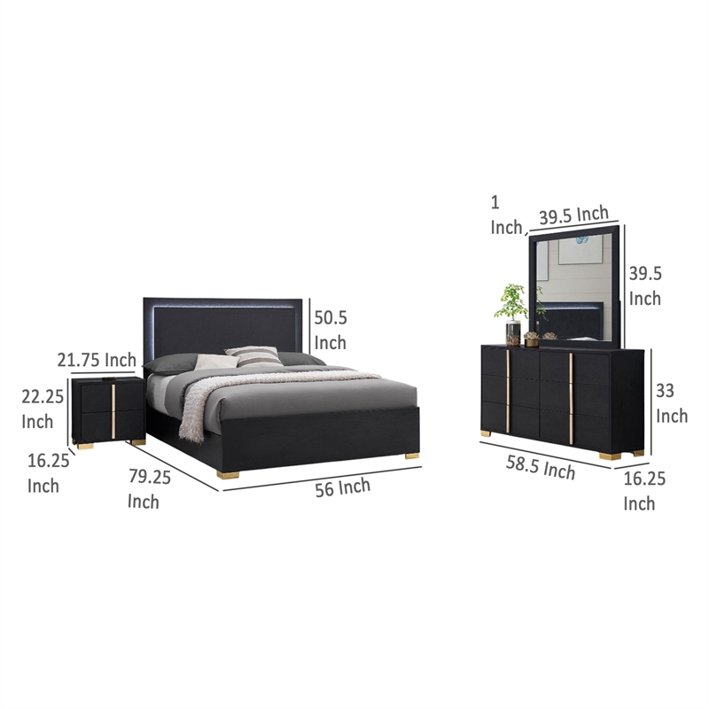Pemberly Row 4 Piece Full Bedroom Set with LED Bed in Black and Gold