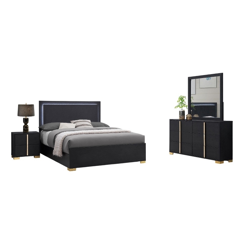 Pemberly Row 4 Piece Full Bedroom Set with LED Bed in Black and Gold