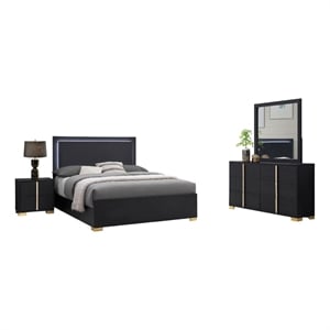 Pemberly Row 4 Piece Full Bedroom Set with LED Bed in Black and Gold