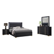 Pemberly Row 4 Piece Full Bedroom Set with LED Bed in Black and Gold