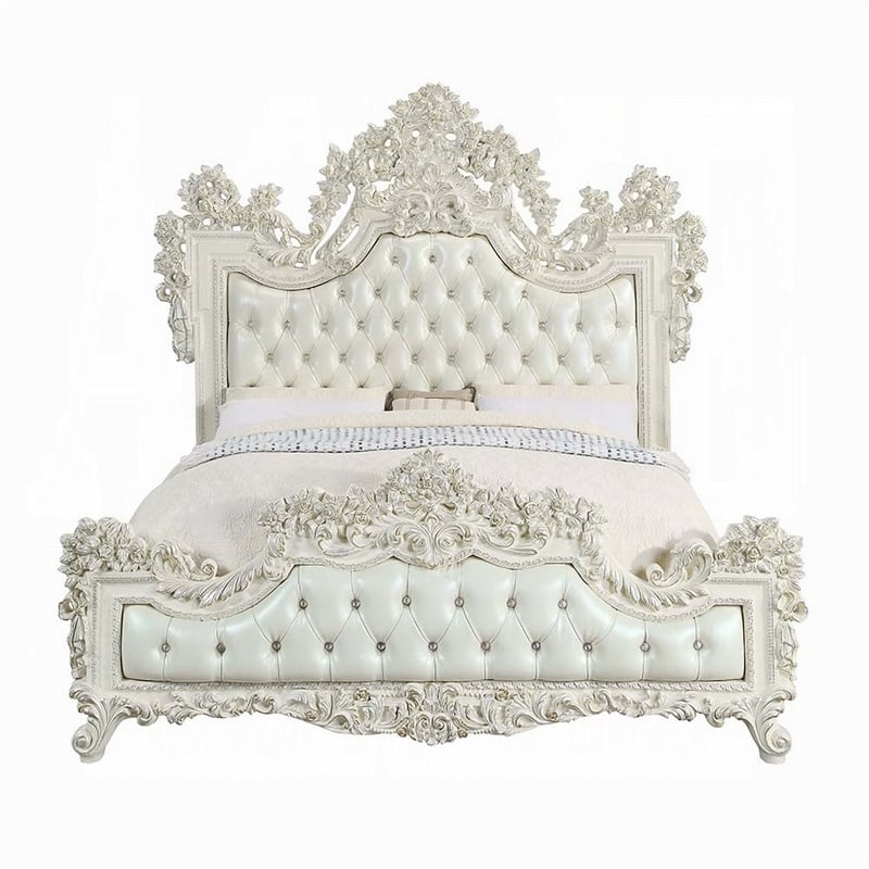 Pemberly Row King Bed with Victorian Carved Headboard in Vintage White