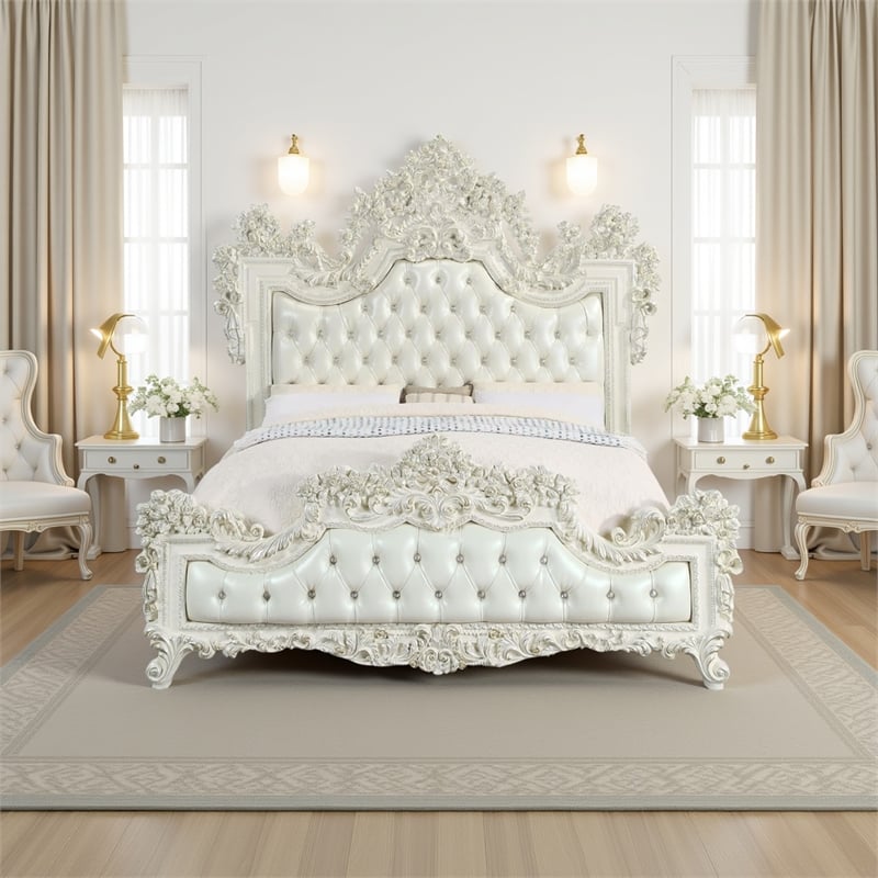 Pemberly Row King Bed with Victorian Carved Headboard in Vintage White