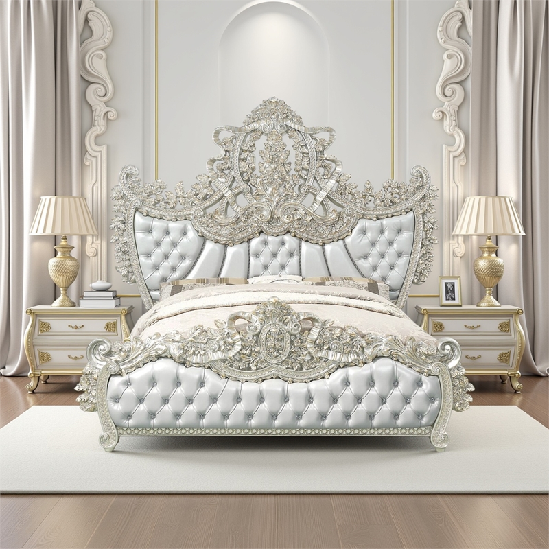 Pemberly Row King Bed with Victorian Carved Headboard in Champagne Gold