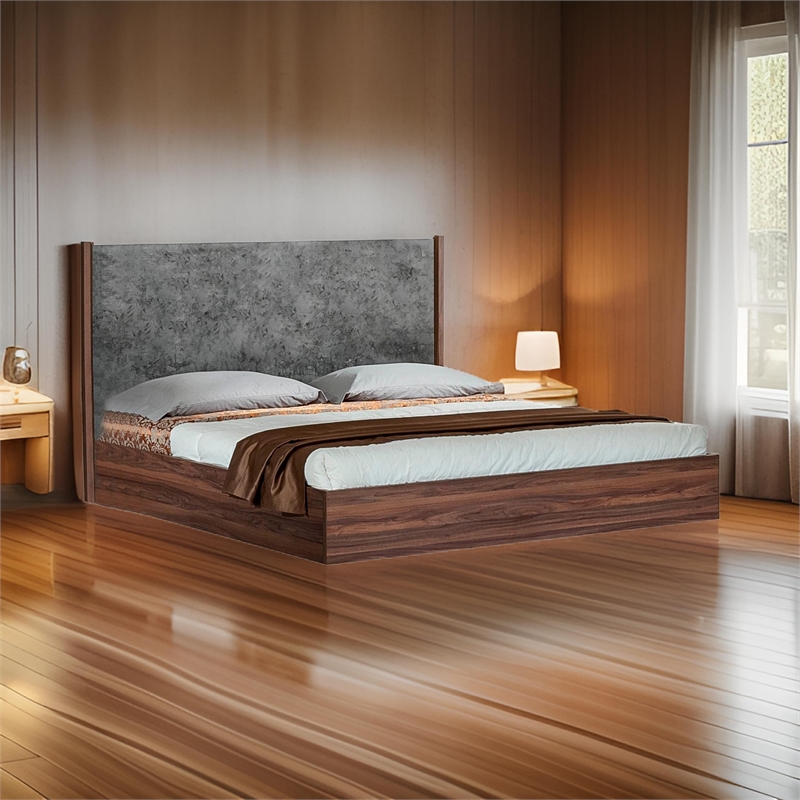 Pemberly Row Queen Platform Bed with Panel Headboard in Gray and Brown
