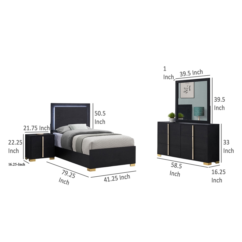 Pemberly Row 4 Piece Twin Bedroom Set with LED Bed in Black and Gold