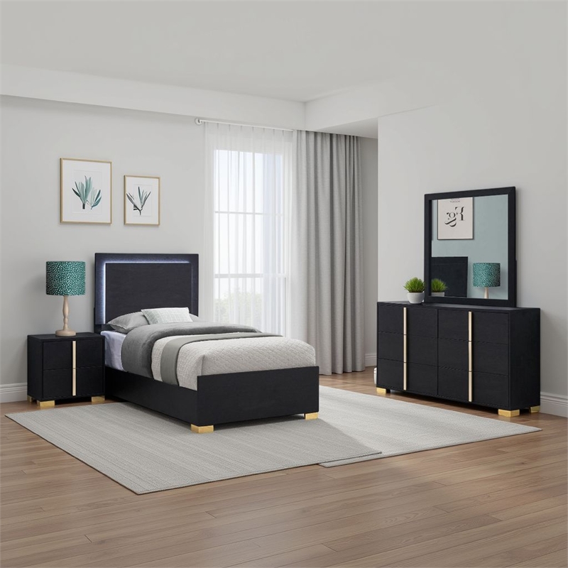 Pemberly Row 4 Piece Twin Bedroom Set with LED Bed in Black and Gold