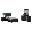 Pemberly Row 4 Piece Twin Bedroom Set with LED Bed in Black and Gold