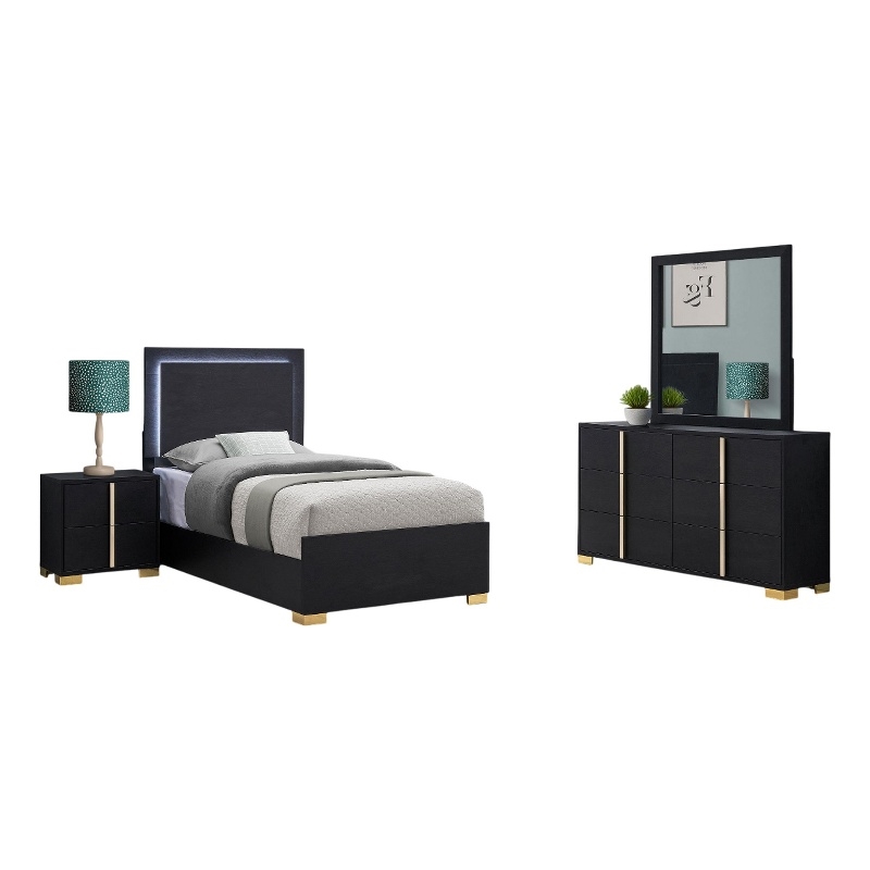 Pemberly Row 4 Piece Twin Bedroom Set with LED Bed in Black and Gold