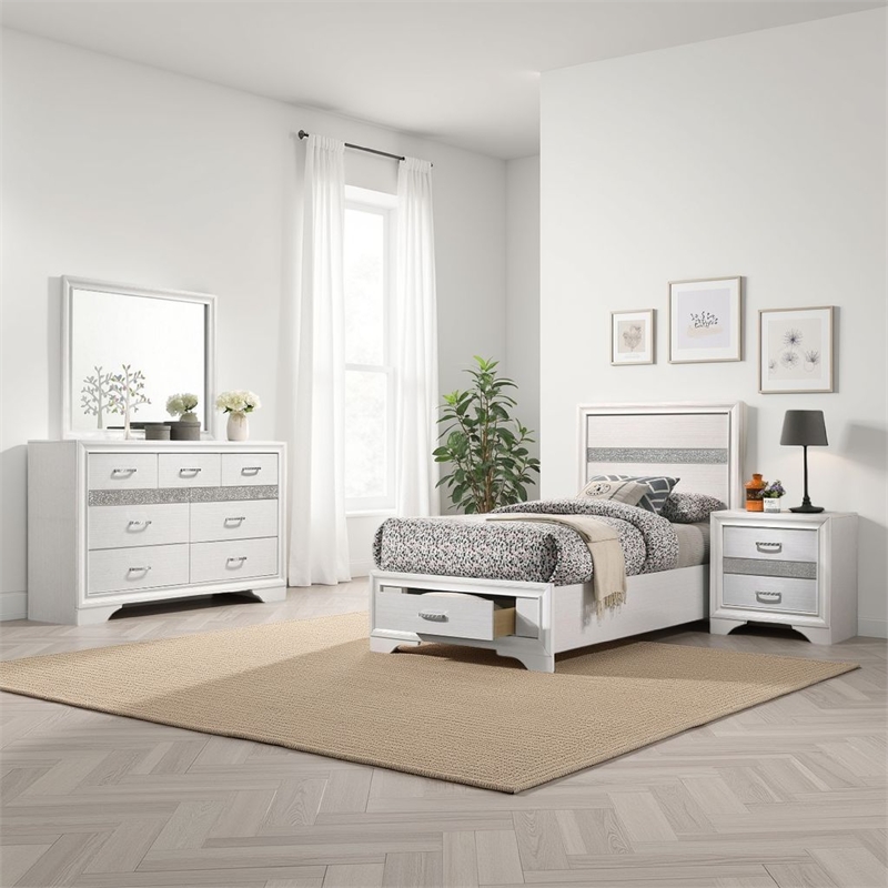 Pemberly Row 4 Piece Twin Storage Bedroom Set in White/Glitter Stripes