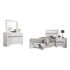 Pemberly Row 4 Piece Twin Storage Bedroom Set in White/Glitter Stripes