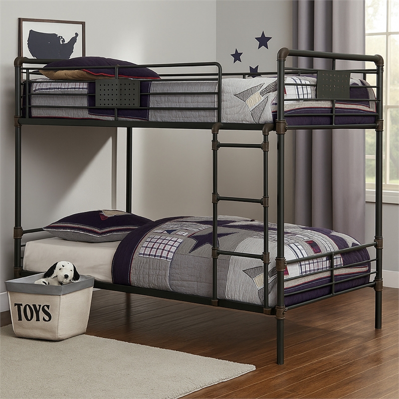 Pemberly Row Industrial Twin Metal Bunk Bed with Ladder in Black