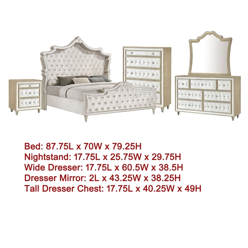 Pemberly Row 5 Piece Queen Bedroom Set with Velvet Headboard in Ivory