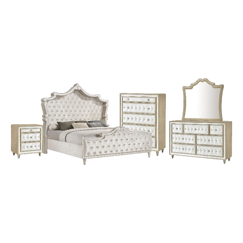 Pemberly Row 5 Piece Queen Bedroom Set with Velvet Headboard in Ivory