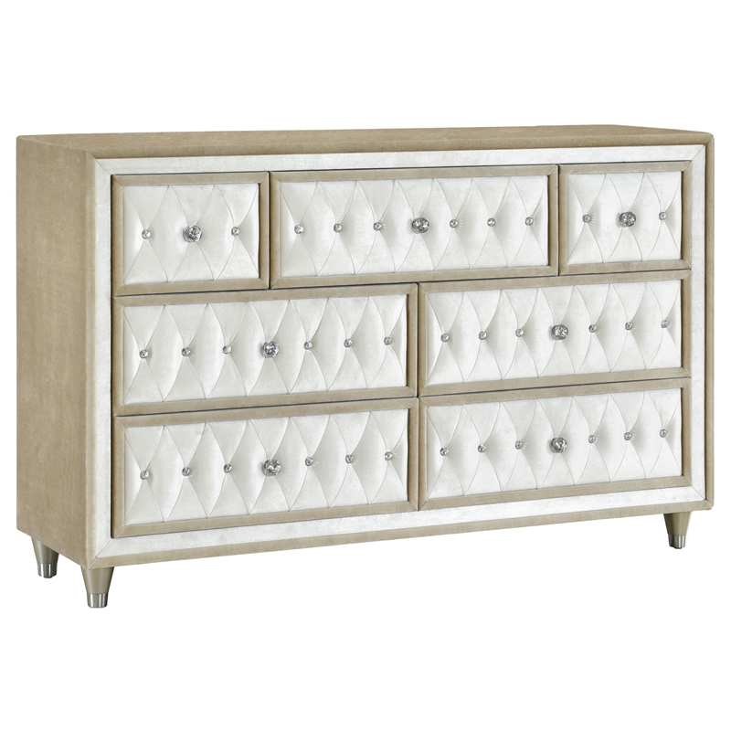 Pemberly Row 4 Piece Queen Bedroom Set with Velvet Headboard in Ivory