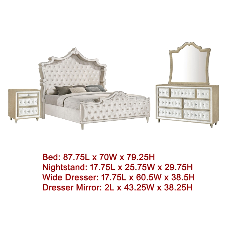 Pemberly Row 4 Piece Queen Bedroom Set with Velvet Headboard in Ivory