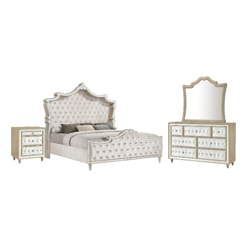 Pemberly Row 4 Piece Queen Bedroom Set with Velvet Headboard in Ivory
