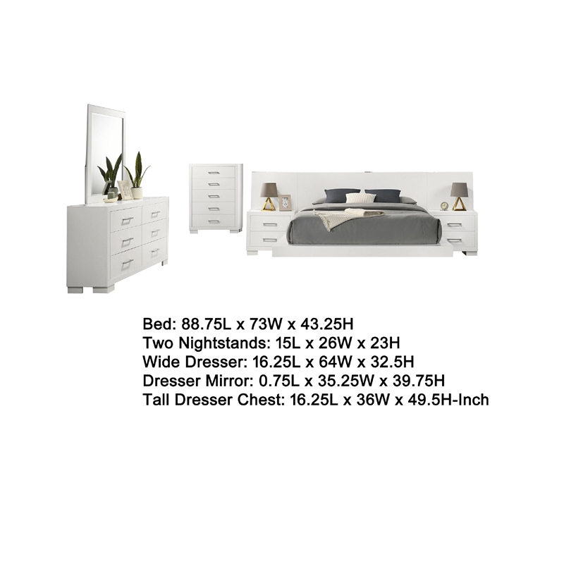 Pemberly Row 6 Piece Queen Bedroom Set with LED-Lit Bed in Snow White Wood